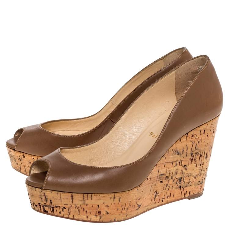 Pre Owned Christian Louboutin Brown Leather Coroclic Cork Wedge Peep Toe Platform Pumps Size 36