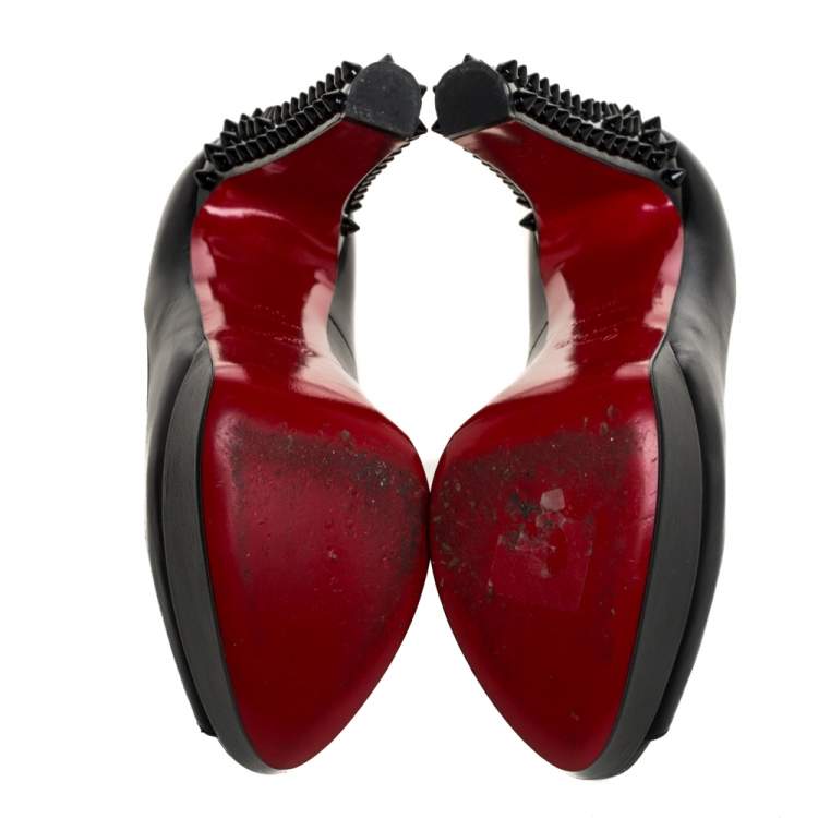 مملوكة مسبقًا Christian Louboutin Black Leather And Patent 'Babel Clou' Platform Peep Toe Pumps Size 39.5