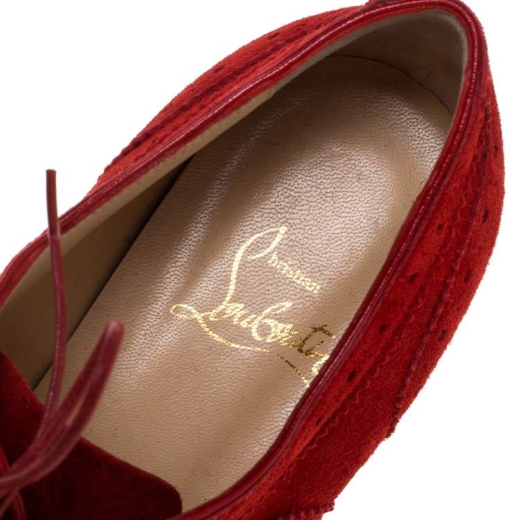 Pre Owned Christian Louboutin Red Brogue Suede Leather Charletta Oxfords Size 38.5