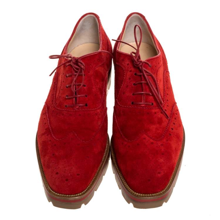 Pre Owned Christian Louboutin Red Brogue Suede Leather Charletta Oxfords Size 38.5