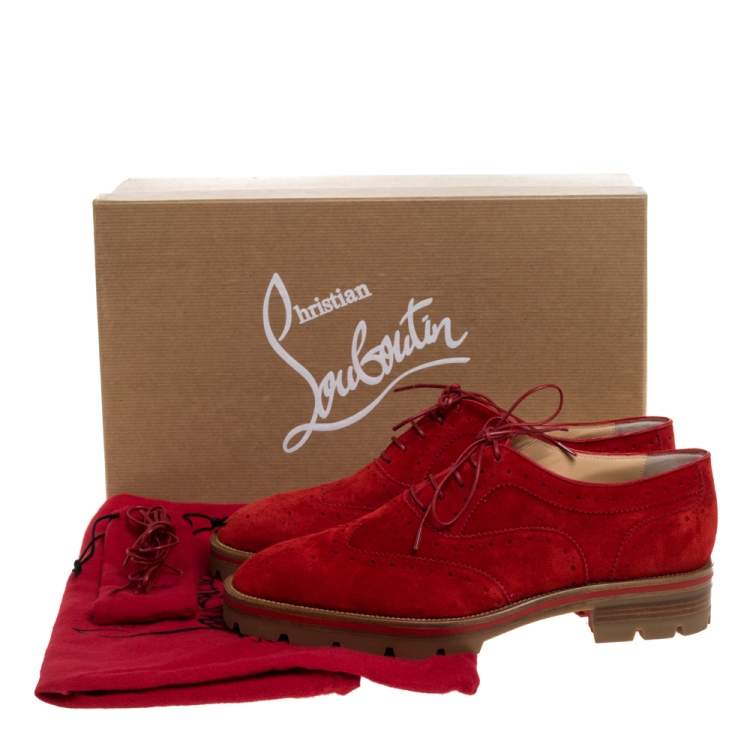 Pre Owned Christian Louboutin Red Brogue Suede Leather Charletta Oxfords Size 38.5