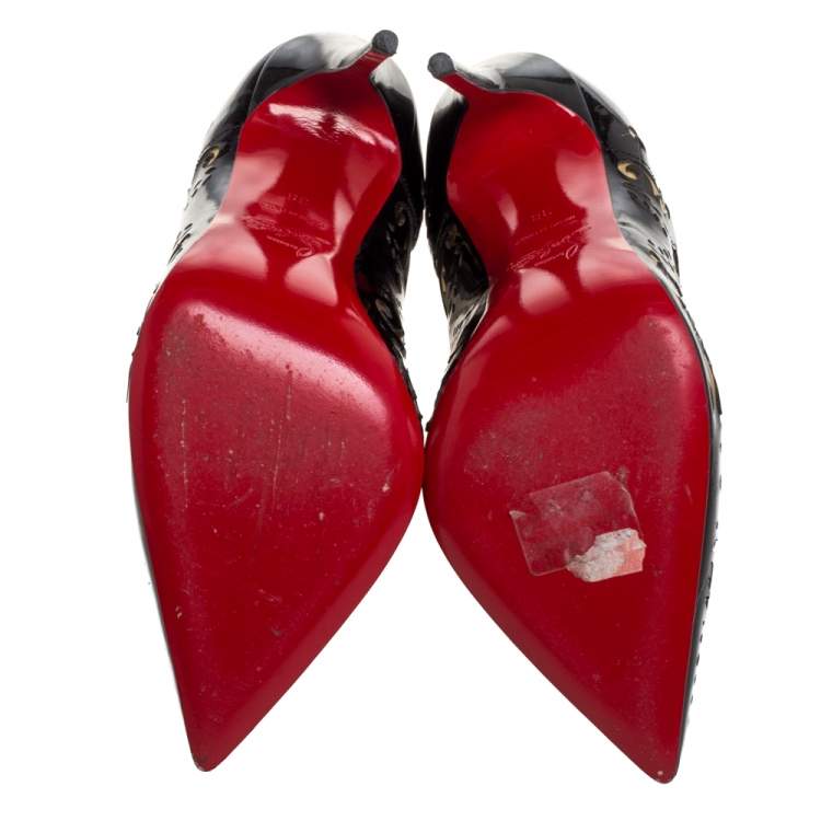 Pre Owned Christian Louboutin Black Patent Leather And Mesh Madolina Lazer Cut Ankle Booties Size 38