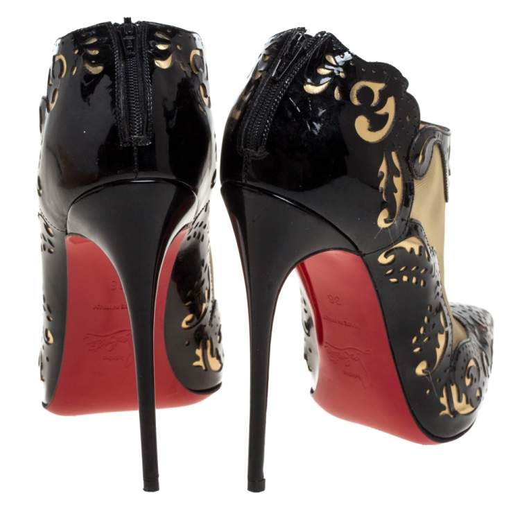 Pre Owned Christian Louboutin Black Patent Leather And Mesh Madolina Lazer Cut Ankle Booties Size 38
