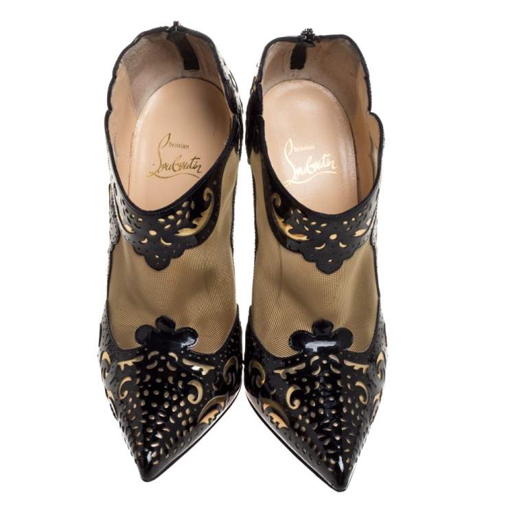 Pre Owned Christian Louboutin Black Patent Leather And Mesh Madolina Lazer Cut Ankle Booties Size 38