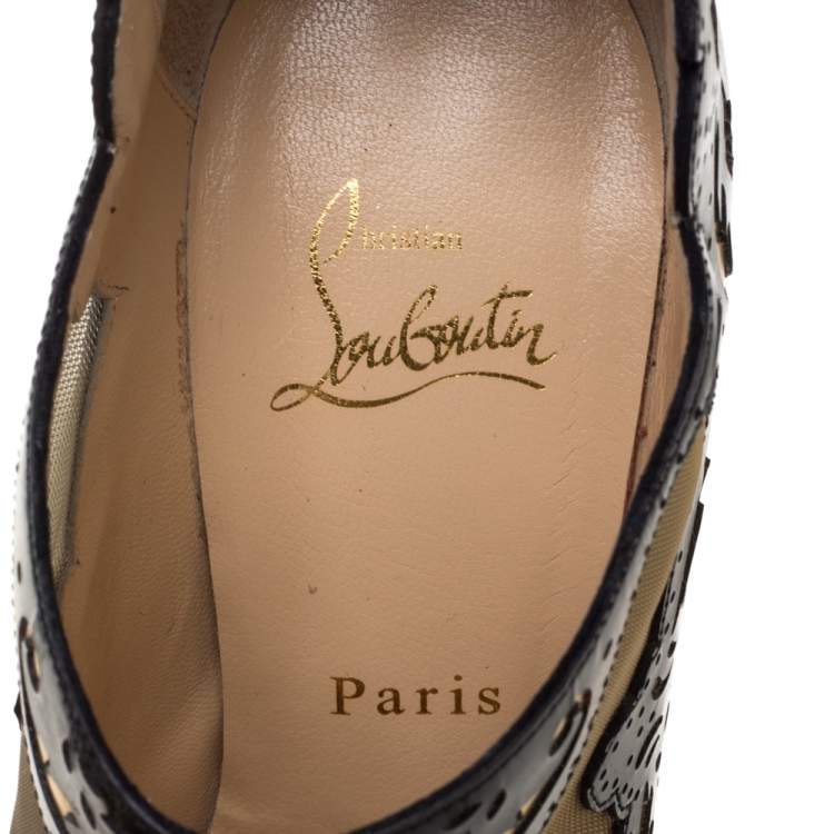 Pre Owned Christian Louboutin Black Patent Leather And Mesh Madolina Lazer Cut Ankle Booties Size 38