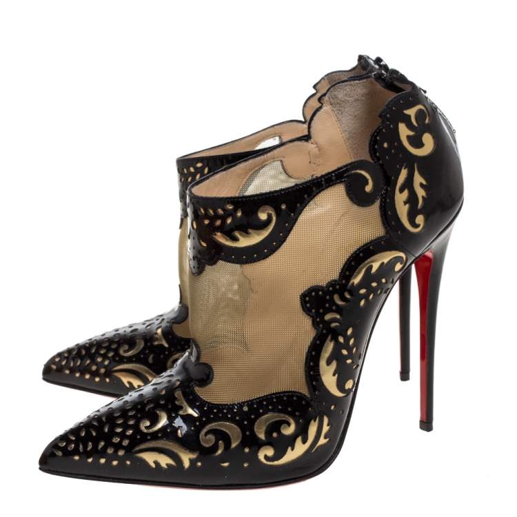 Pre Owned Christian Louboutin Black Patent Leather And Mesh Madolina Lazer Cut Ankle Booties Size 38