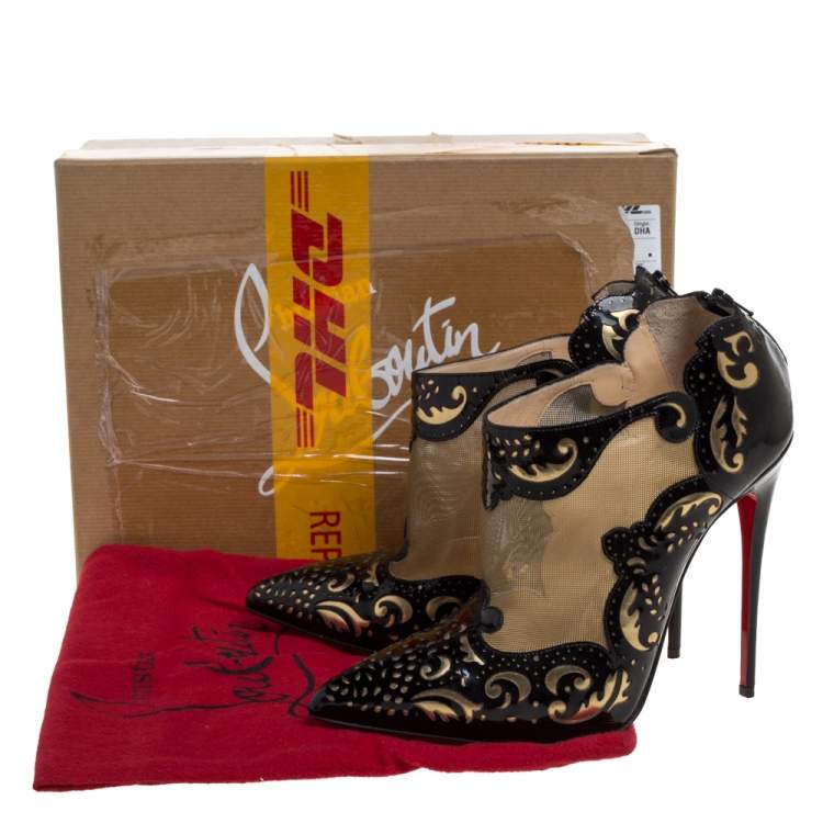 Pre Owned Christian Louboutin Black Patent Leather And Mesh Madolina Lazer Cut Ankle Booties Size 38