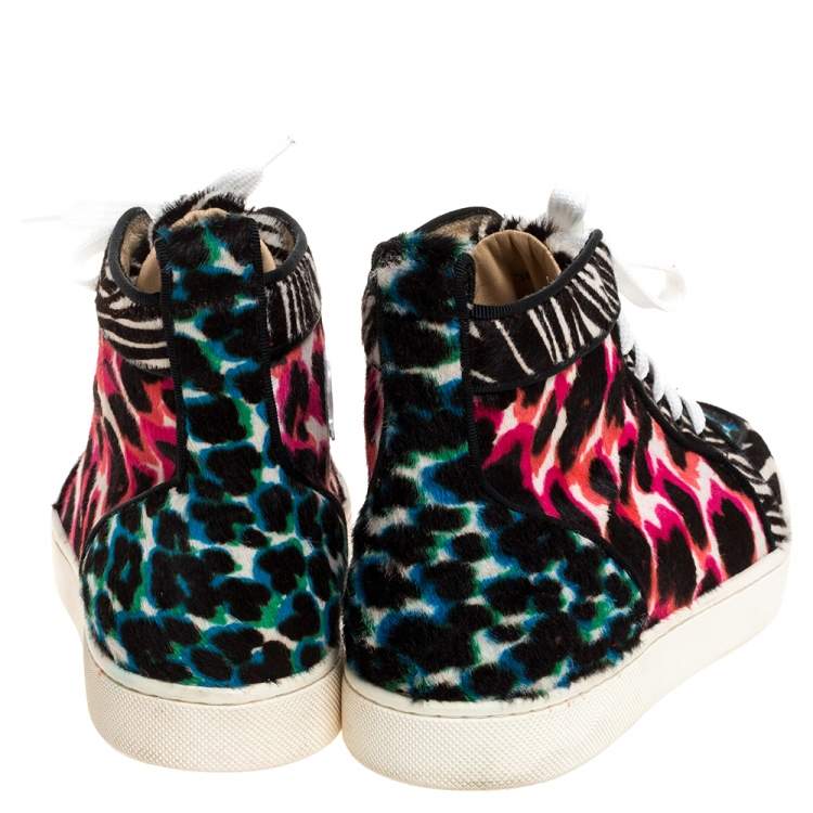 Pre Owned Christian Louboutin Multicolor Leopard Print Calf Hair Rantus Orlato High Top Sneakers Size 38