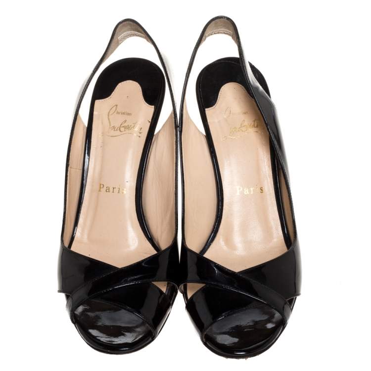 Pre Owned Christian Louboutin Black Patent Leather Peep Toe Marpoil Sanzep Wedge Sandals Size 39