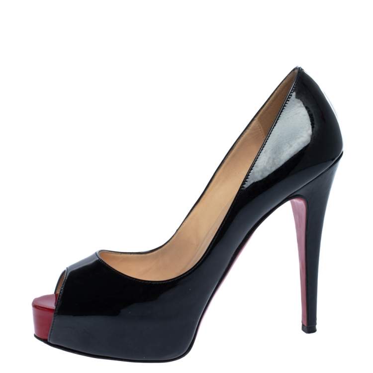 Pre Owned Christian Louboutin Black Patent Leather Hyper Prive Peep Toe Platform Pumps Size 36.5