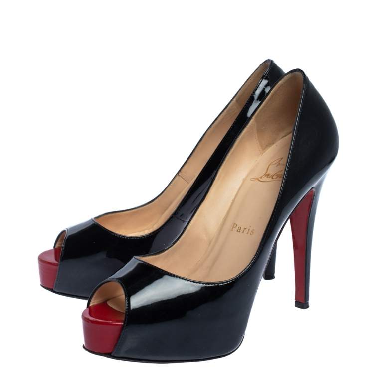 Pre Owned Christian Louboutin Black Patent Leather Hyper Prive Peep Toe Platform Pumps Size 36.5