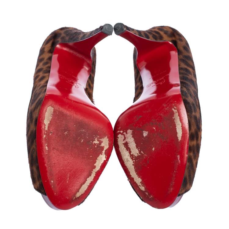 Pre Owned Christian Louboutin Brown Leopard Print Pony Hair Very Prive Peep Toe Pumps Size 36