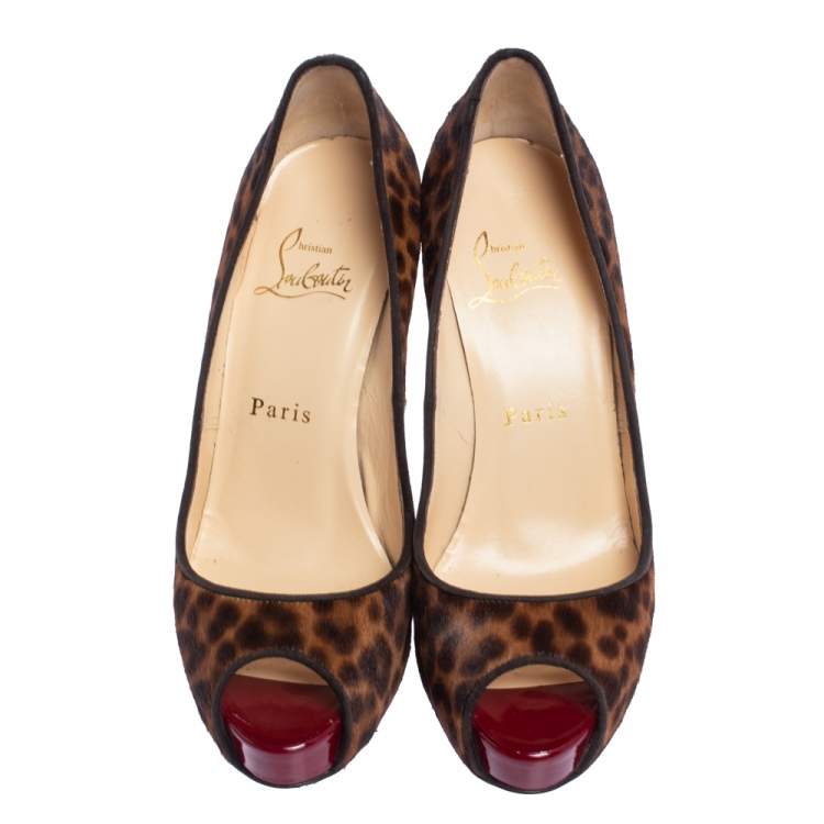 Pre Owned Christian Louboutin Brown Leopard Print Pony Hair Very Prive Peep Toe Pumps Size 36