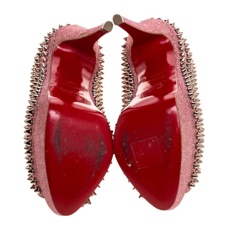 Pre Owned Christian Louboutin Pink Glitter Fabric Lady Peep Spike Platform Pumps Size 37.5 