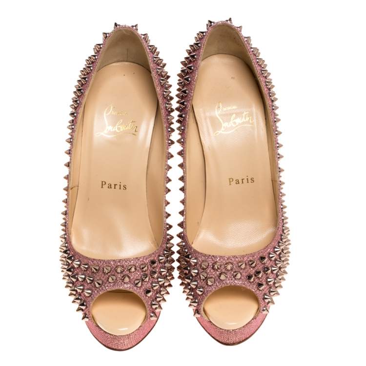 Pre Owned Christian Louboutin Pink Glitter Fabric Lady Peep Spike Platform Pumps Size 37.5 