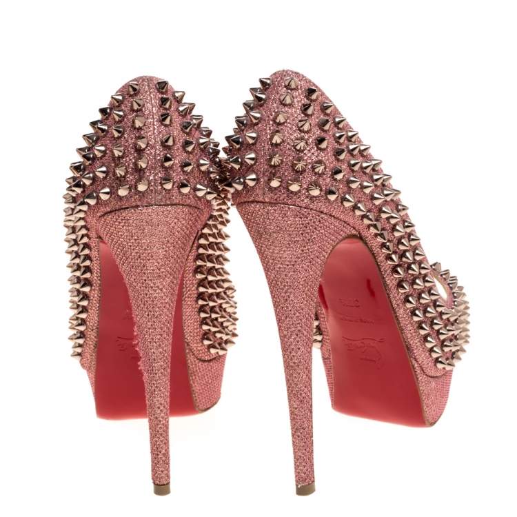 Pre Owned Christian Louboutin Pink Glitter Fabric Lady Peep Spike Platform Pumps Size 37.5 