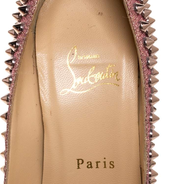Pre Owned Christian Louboutin Pink Glitter Fabric Lady Peep Spike Platform Pumps Size 37.5 