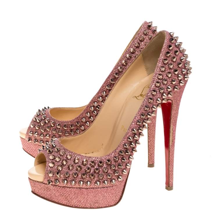 Pre Owned Christian Louboutin Pink Glitter Fabric Lady Peep Spike Platform Pumps Size 37.5 