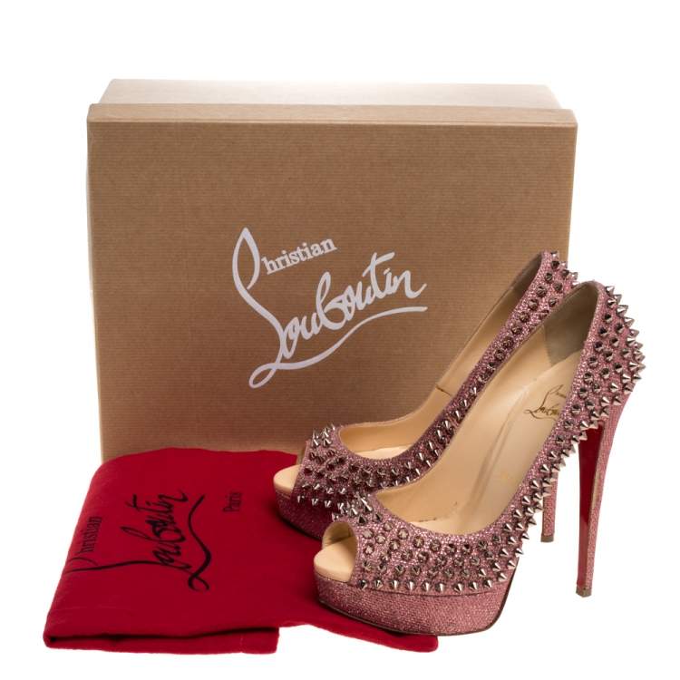 Pre Owned Christian Louboutin Pink Glitter Fabric Lady Peep Spike Platform Pumps Size 37.5 