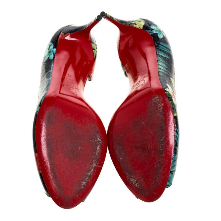 Pre Owned Christian Louboutin Multicolor Hawaii Print Crackled Texture Leather Demi You D'Orsay Pumps Size 38