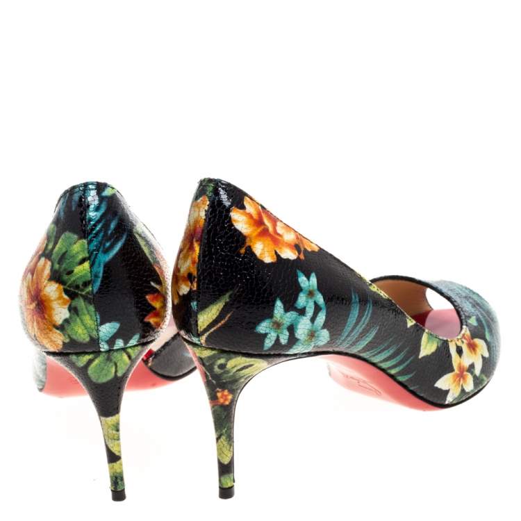 Pre Owned Christian Louboutin Multicolor Hawaii Print Crackled Texture Leather Demi You D'Orsay Pumps Size 38