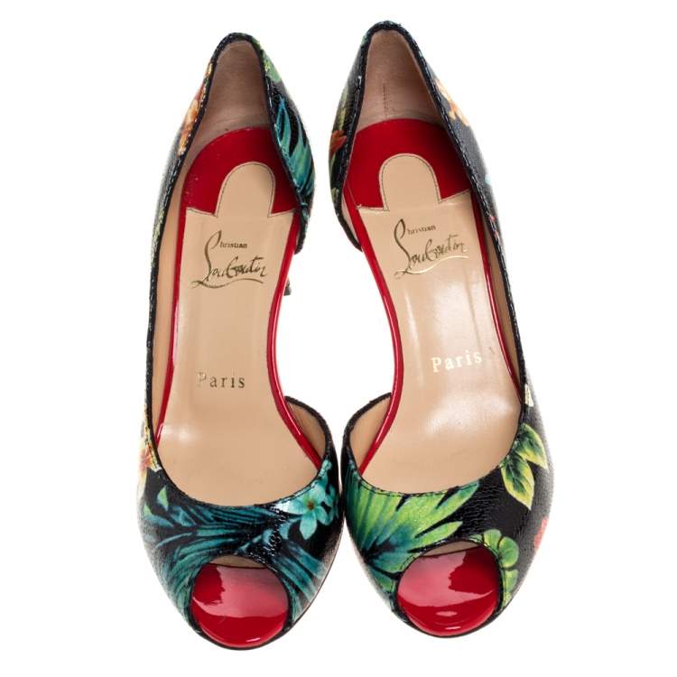 Pre Owned Christian Louboutin Multicolor Hawaii Print Crackled Texture Leather Demi You D'Orsay Pumps Size 38