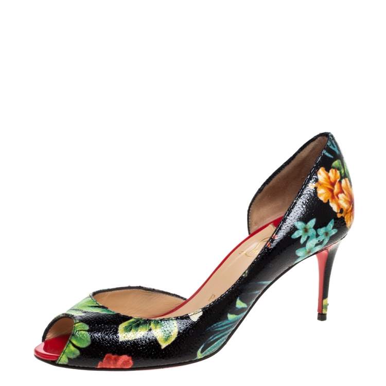 Pre Owned Christian Louboutin Multicolor Hawaii Print Crackled Texture Leather Demi You D'Orsay Pumps Size 38