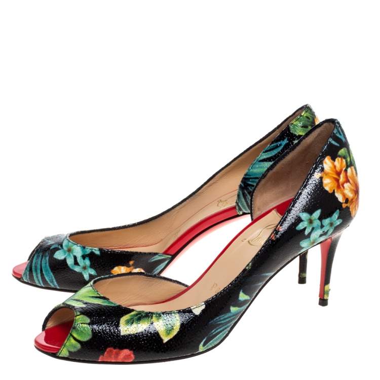 Pre Owned Christian Louboutin Multicolor Hawaii Print Crackled Texture Leather Demi You D'Orsay Pumps Size 38