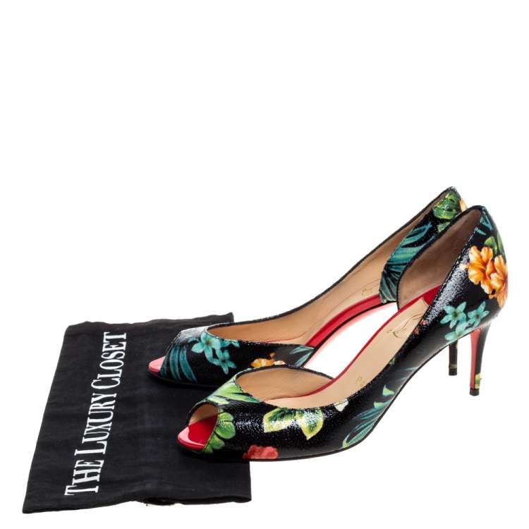 Pre Owned Christian Louboutin Multicolor Hawaii Print Crackled Texture Leather Demi You D'Orsay Pumps Size 38