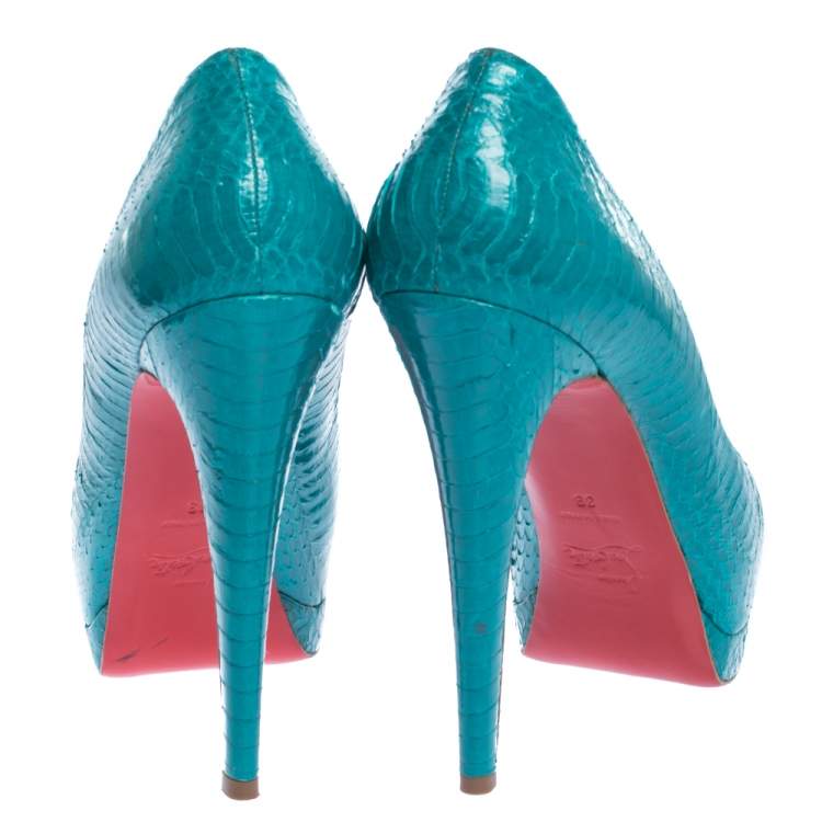 Pre Owned Christian Louboutin Turquoise Snakeskin Lady Peep Toe Platform Pumps Size 39