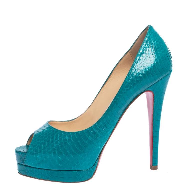 Pre Owned Christian Louboutin Turquoise Snakeskin Lady Peep Toe Platform Pumps Size 39