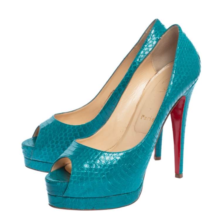 Pre Owned Christian Louboutin Turquoise Snakeskin Lady Peep Toe Platform Pumps Size 39