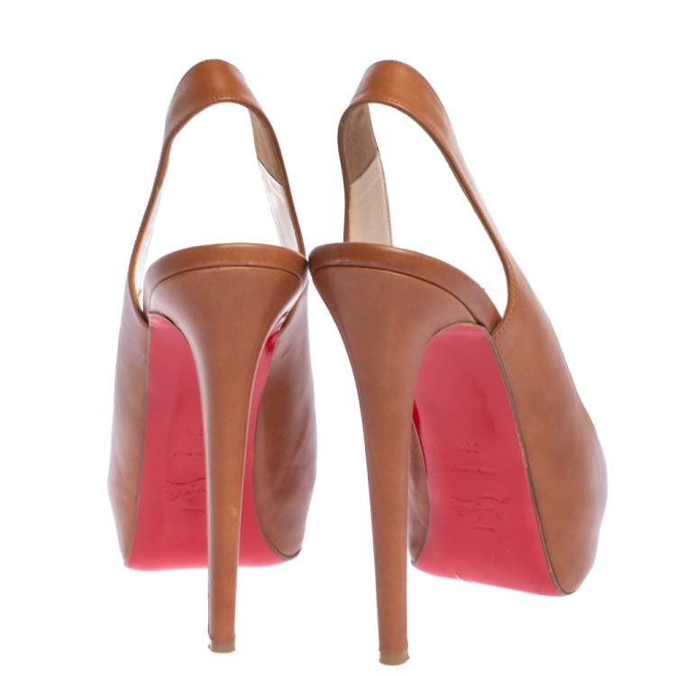 Pre Owned Christian Louboutin Brown Leather Lady Peep Toe Platform Slingback Sandals Size 39