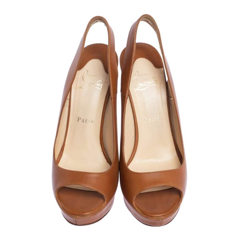 Pre Owned Christian Louboutin Brown Leather Lady Peep Toe Platform Slingback Sandals Size 39