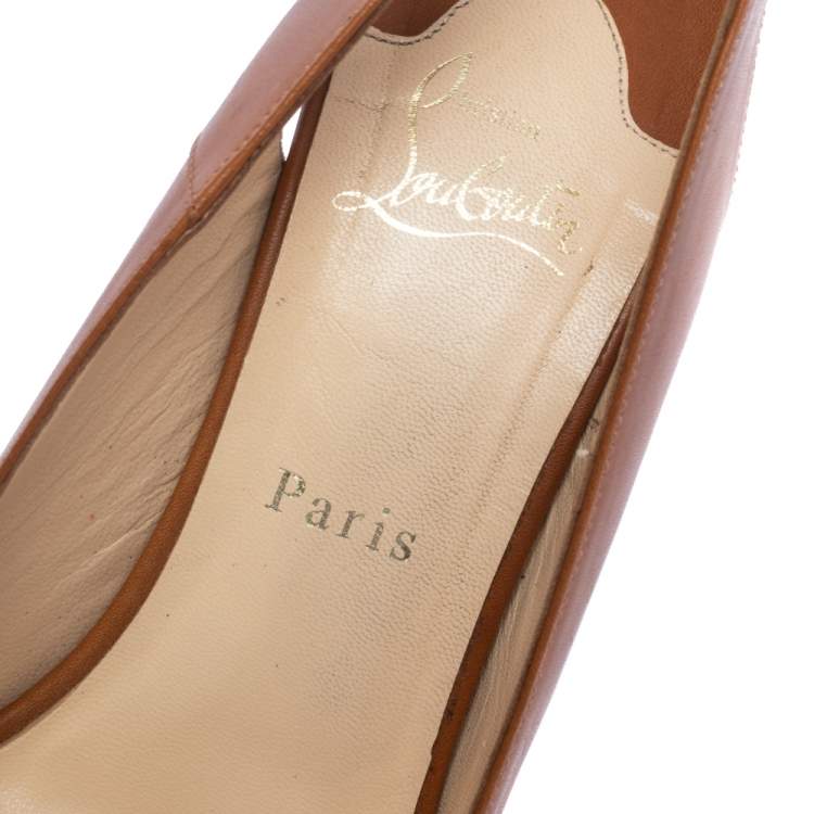 Pre Owned Christian Louboutin Brown Leather Lady Peep Toe Platform Slingback Sandals Size 39