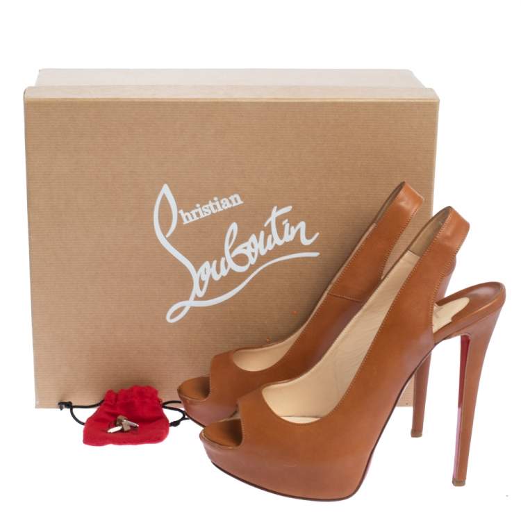 Pre Owned Christian Louboutin Brown Leather Lady Peep Toe Platform Slingback Sandals Size 39