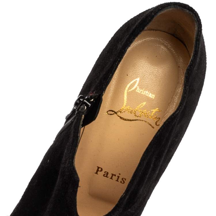 Pre Owned Christian Louboutin Black Suede Recouzetta Peep Toe Platform Ankle Boots Size 39.5