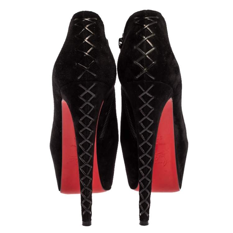Pre Owned Christian Louboutin Black Suede Recouzetta Peep Toe Platform Ankle Boots Size 39.5