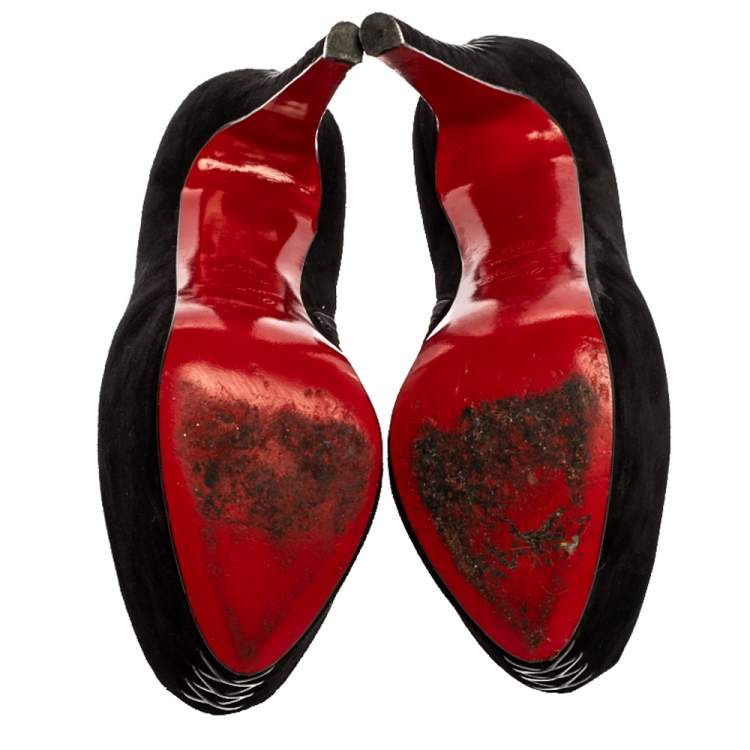 Pre Owned Christian Louboutin Black Suede Recouzetta Peep Toe Platform Ankle Boots Size 39.5