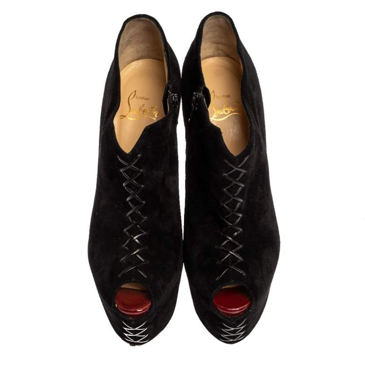 Pre Owned Christian Louboutin Black Suede Recouzetta Peep Toe Platform Ankle Boots Size 39.5