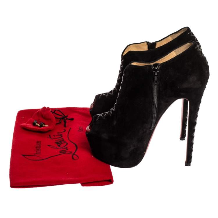 Pre Owned Christian Louboutin Black Suede Recouzetta Peep Toe Platform Ankle Boots Size 39.5
