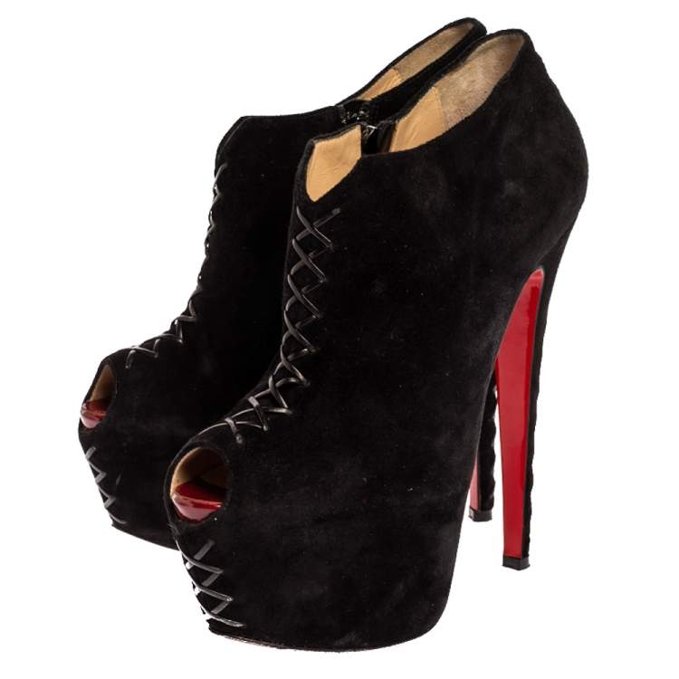 Pre Owned Christian Louboutin Black Suede Recouzetta Peep Toe Platform Ankle Boots Size 39.5