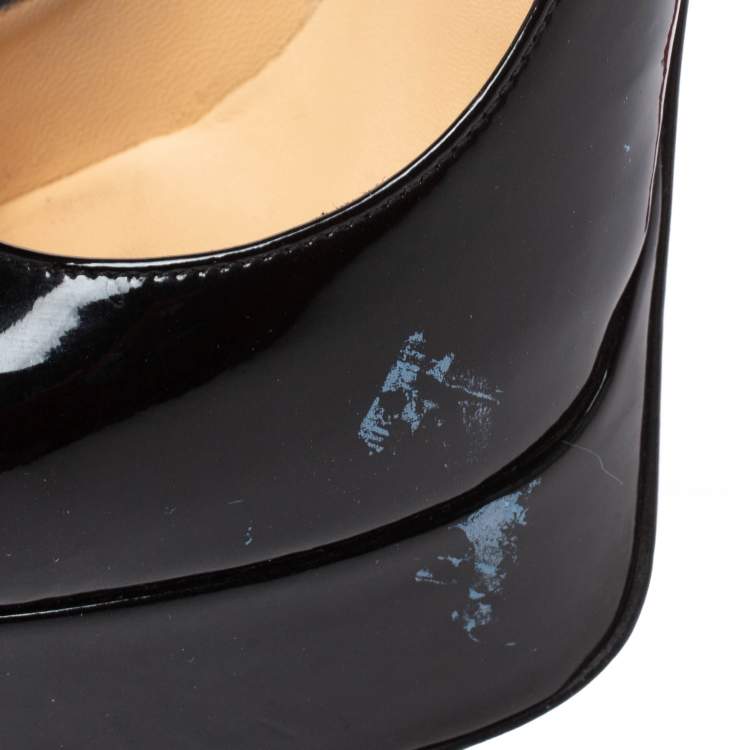 Pre Owned Christian Louboutin Black Patent Leather Lady Peep Toe Platform Pumps Size 35