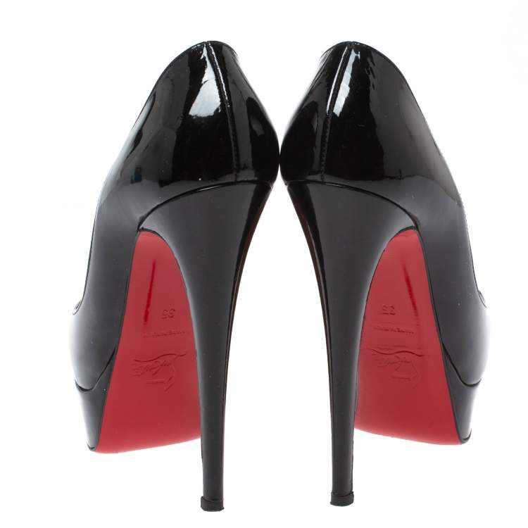Pre Owned Christian Louboutin Black Patent Leather Lady Peep Toe Platform Pumps Size 35