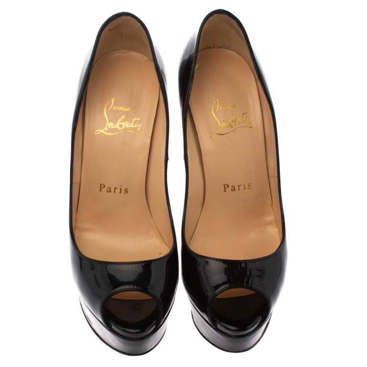 Pre Owned Christian Louboutin Black Patent Leather Lady Peep Toe Platform Pumps Size 35