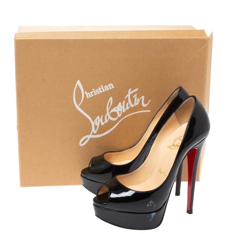 Pre Owned Christian Louboutin Black Patent Leather Lady Peep Toe Platform Pumps Size 35