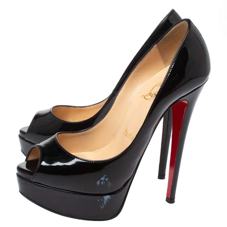Pre Owned Christian Louboutin Black Patent Leather Lady Peep Toe Platform Pumps Size 35