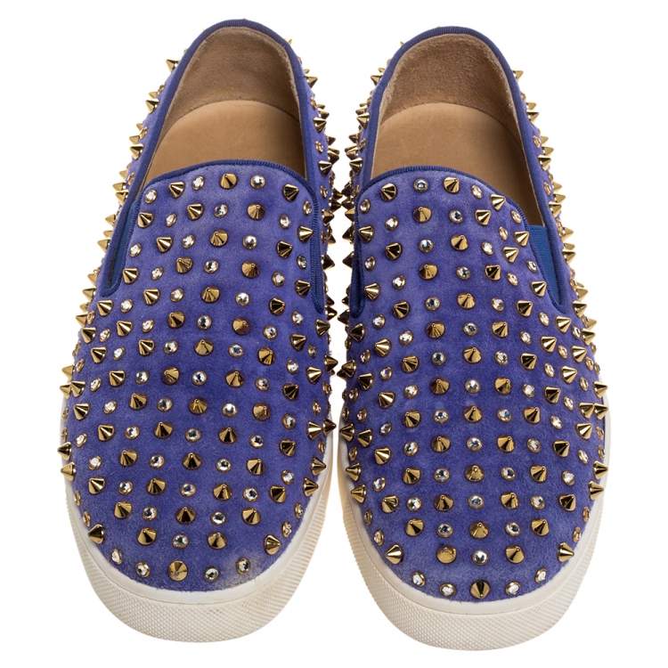 Pre Owned Christian Louboutin Lavander Suede Roller Boat Crystal and Spike Slip On Sneakers Size 38.5