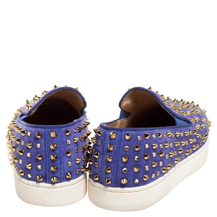Pre Owned Christian Louboutin Lavander Suede Roller Boat Crystal and Spike Slip On Sneakers Size 38.5