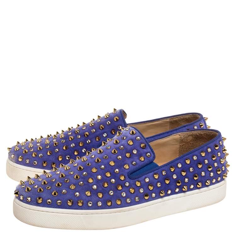 Pre Owned Christian Louboutin Lavander Suede Roller Boat Crystal and Spike Slip On Sneakers Size 38.5